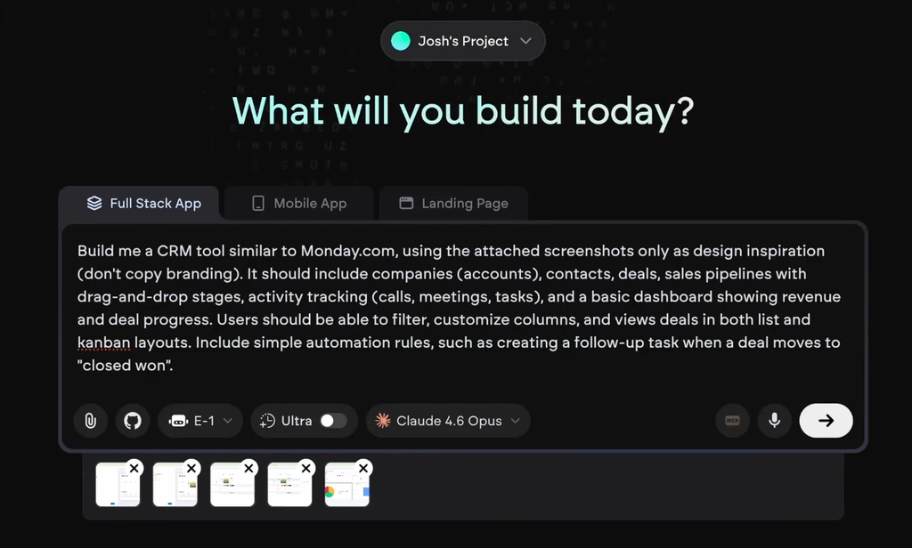 Emergent AI review: my CRM prompt on the Emergent start screen