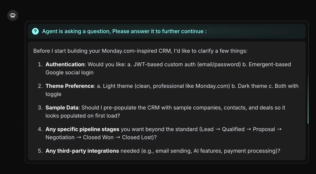 Emergent asking clarifying questions before building the CRM
