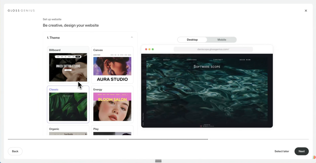 GlossGenius booking website templates with mobile preview