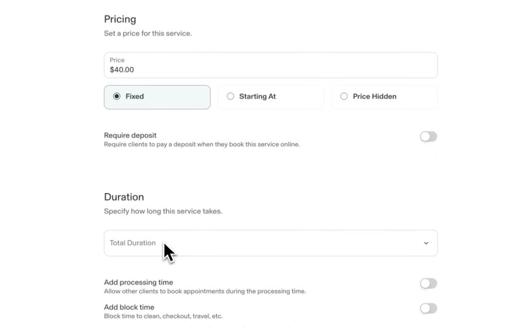 Adding a service in GlossGenius with price, deposit and duration
