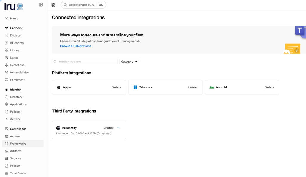 Iru integrations page with Apple, Windows and Android platform integrations