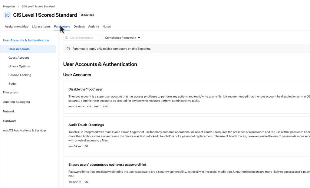 Iru blueprint parameters tagged with CIS, NIST and STIG frameworks