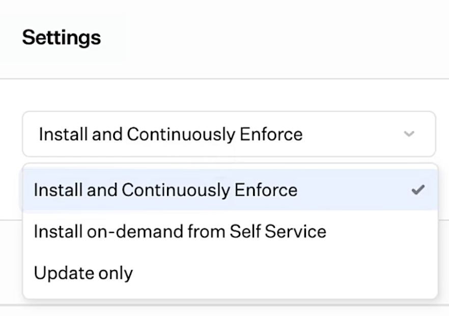 Iru Auto App settings for continuous enforcement, self service and update only