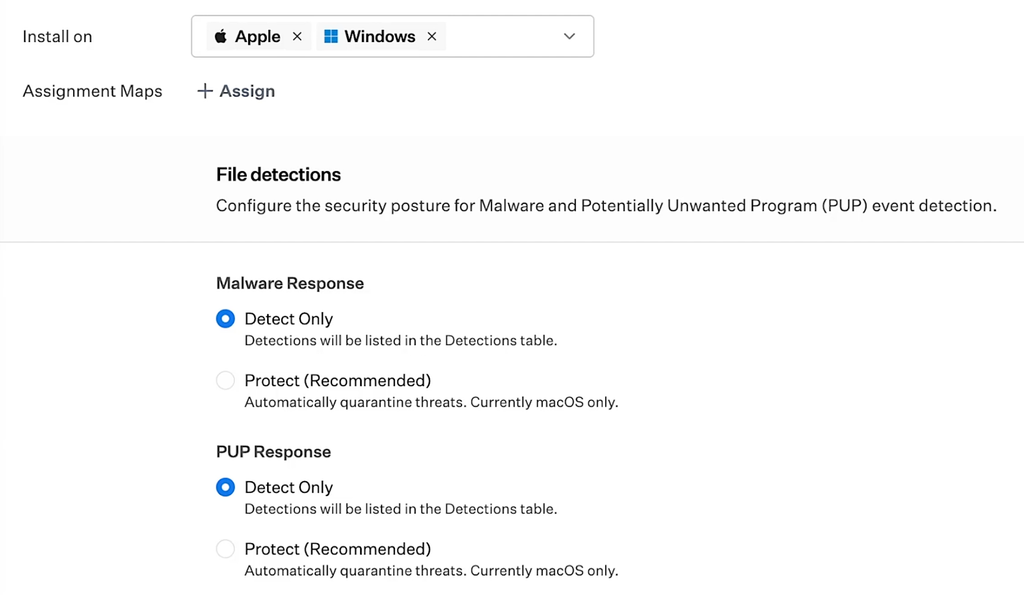 Iru EDR settings with Detect and Protect modes for malware