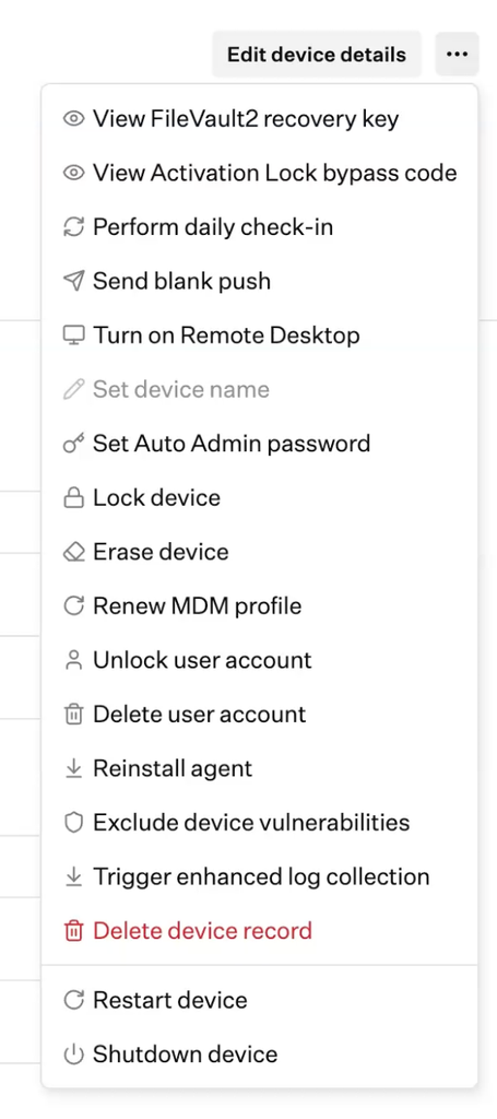 Iru device record action menu with lock, erase and FileVault recovery key