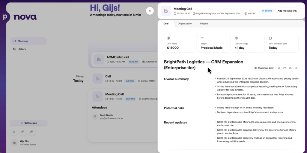 Pipedrive Nova pre-meeting brief with deal context and a preparation checklist
