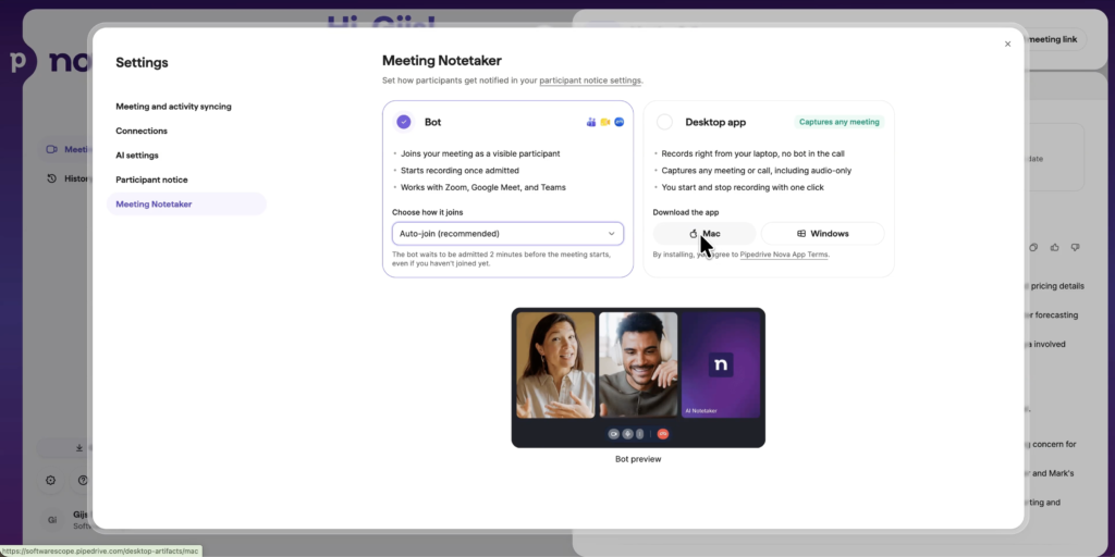 Choosing between the Nova AI notetaker and the desktop app in Pipedrive