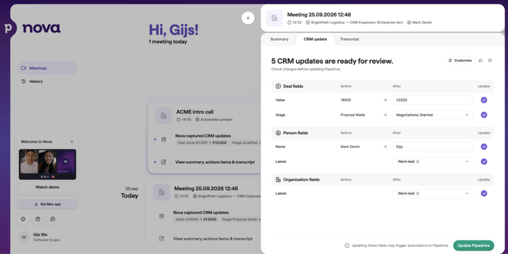 Pipedrive Nova suggested CRM updates shown next to the current values, ready to approve